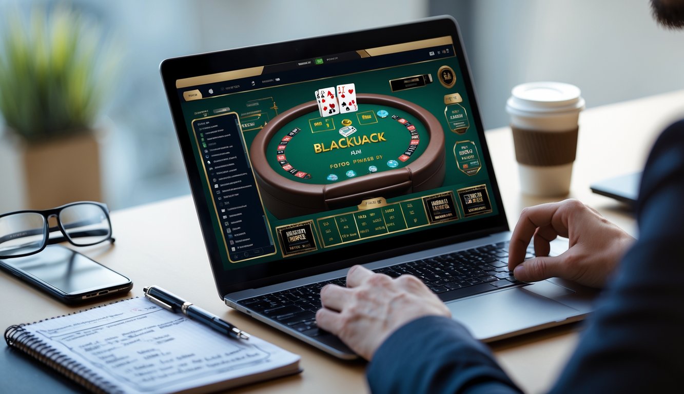 Meja kerja dengan laptop yang menampilkan permainan blackjack online, buku catatan dengan strategi, dan ponsel di sampingnya.