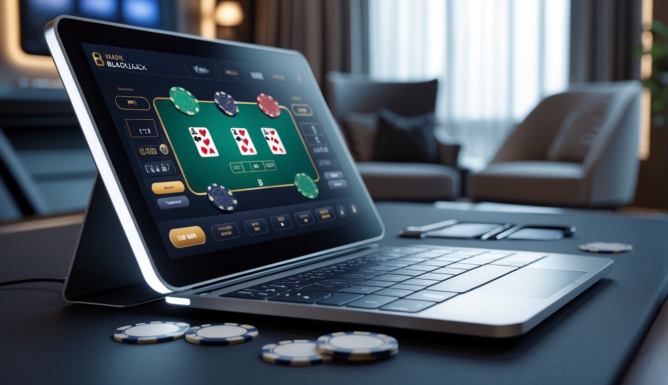 Tampilan meja blackjack digital modern di layar komputer dengan suasana ruang kerja yang nyaman dan elegan.