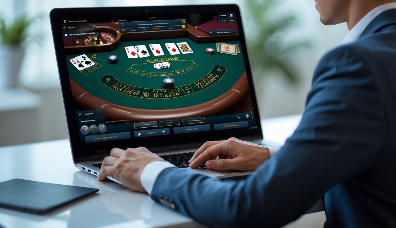 Seorang pemain fokus menggunakan komputer untuk bermain blackjack online dengan kartu dan chip terlihat di layar.