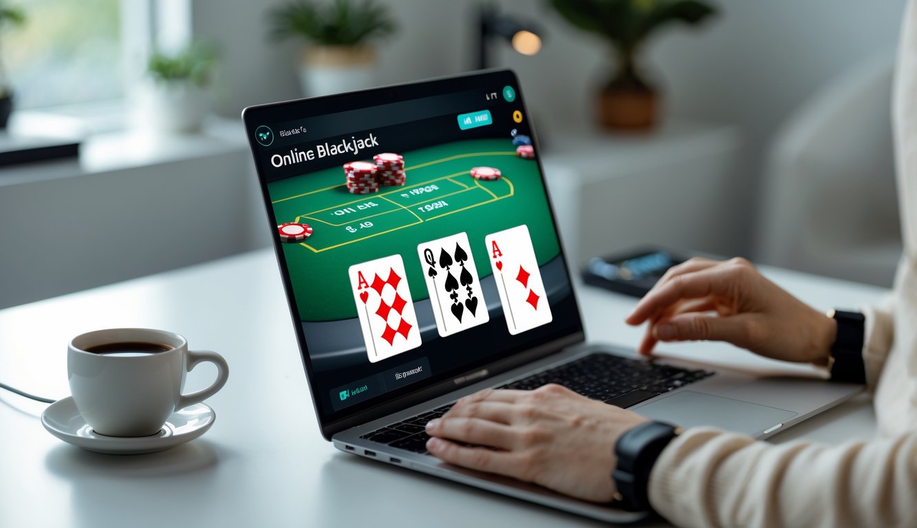 Seorang pengguna bermain blackjack online di laptop dengan tampilan antarmuka yang bersih dan stabil di ruang tamu yang nyaman.