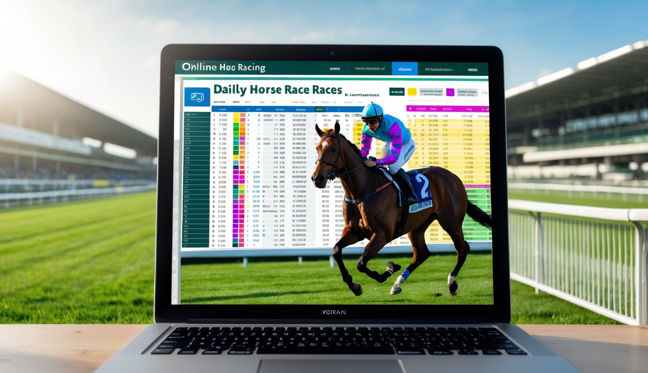 Seorang joki menunggang kuda pacu di lintasan hijau dengan laptop menampilkan jadwal balapan harian di latar depan.