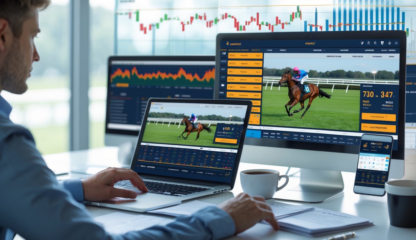 Seseorang duduk di meja dengan beberapa layar menampilkan statistik balap kuda dan grafik, menggunakan laptop dan tablet untuk menganalisis performa kuda.