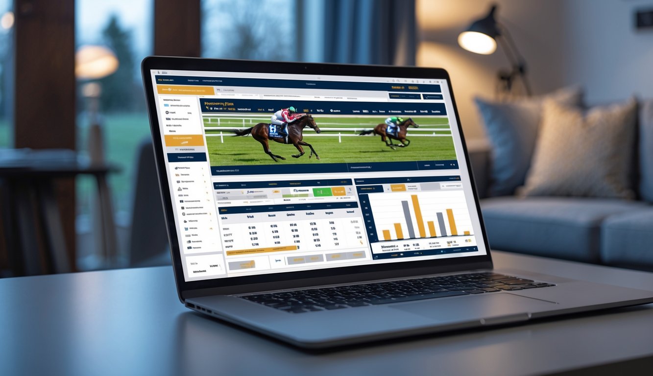 Layar laptop menampilkan statistik dan data balap kuda secara detail di sebuah meja dalam ruangan kantor rumah yang modern.