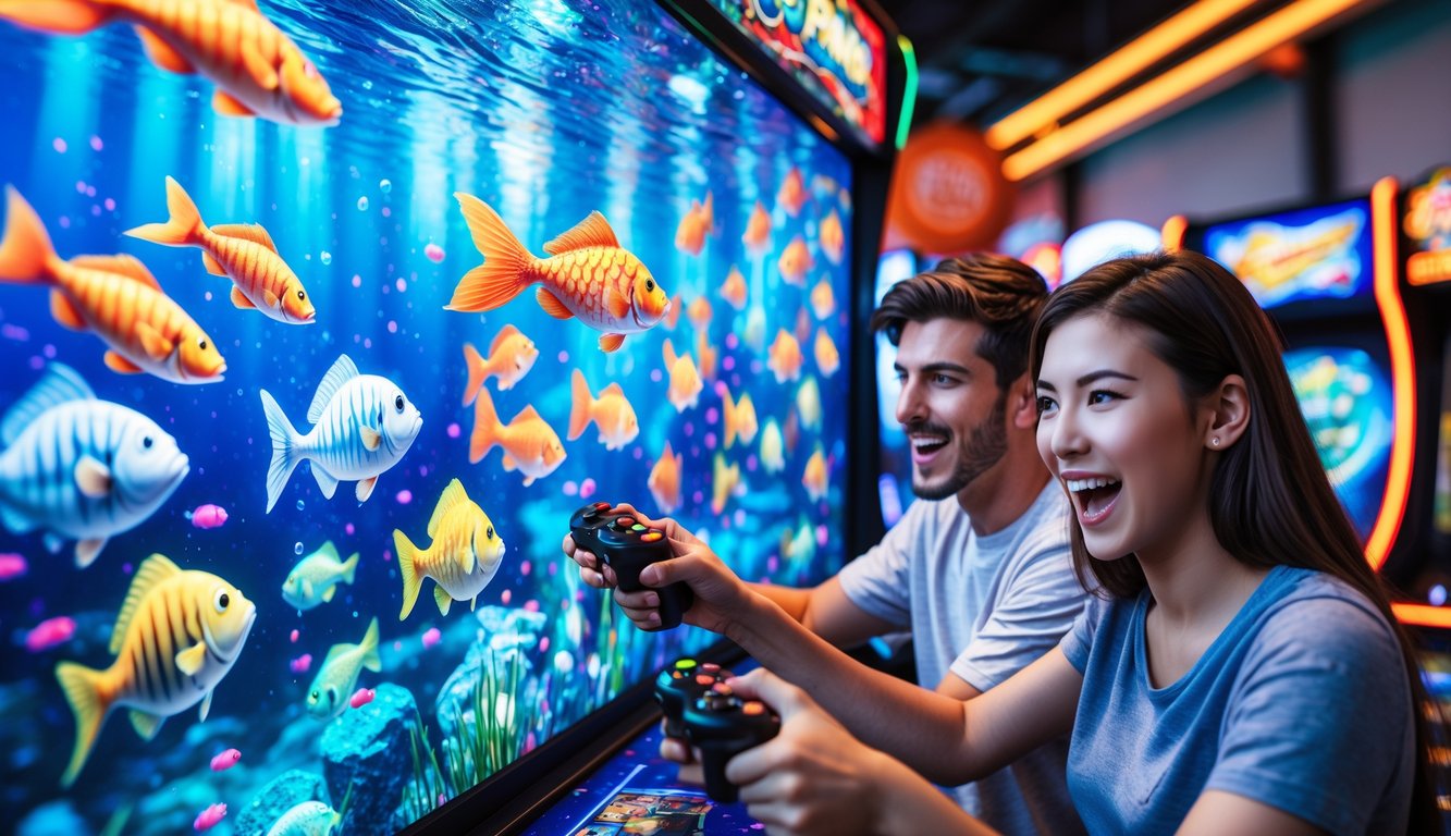 Dua pemain sedang asyik bermain permainan menembak ikan di arcade dengan layar penuh warna dan ikan-ikan yang bergerak.