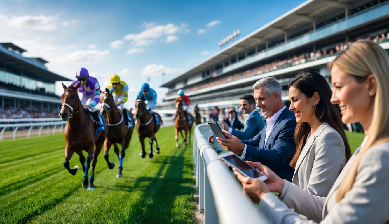 Suasana balap kuda modern dengan orang-orang menggunakan perangkat digital untuk memasang taruhan di arena balap yang ramai.