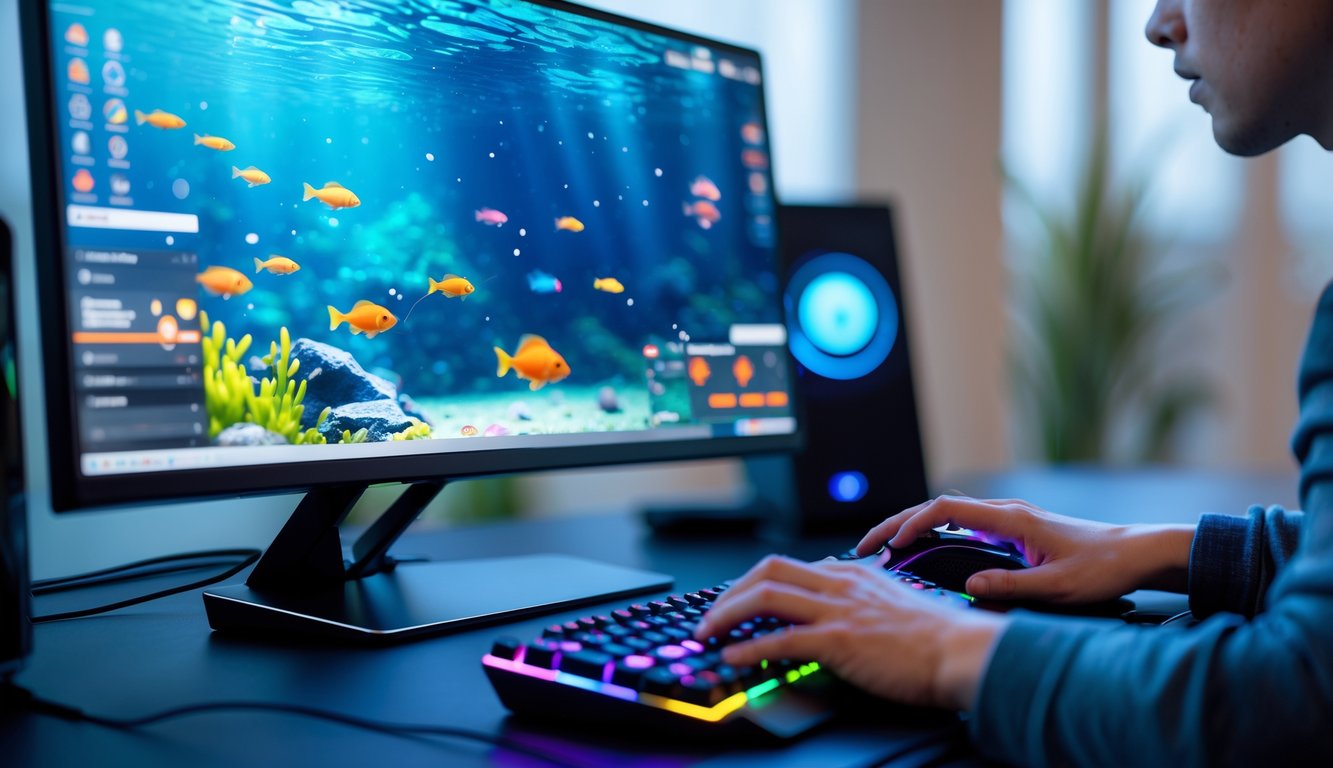 Seseorang sedang bermain game menembak ikan di komputer dengan layar menampilkan ikan berwarna-warni di bawah air.