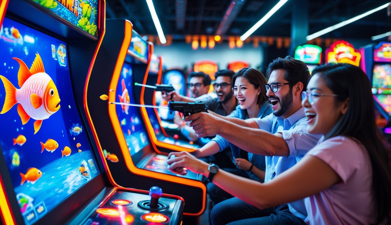 Beberapa orang sedang bermain permainan tembak ikan di sebuah arcade dengan layar digital dan lampu warna-warni.