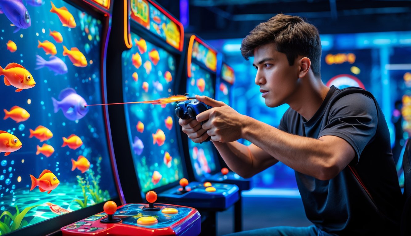 Seorang pria muda fokus memainkan permainan tembak ikan dengan kontroler di tangan, mengarahkan ke layar penuh ikan berwarna-warni dalam suasana gaming modern.