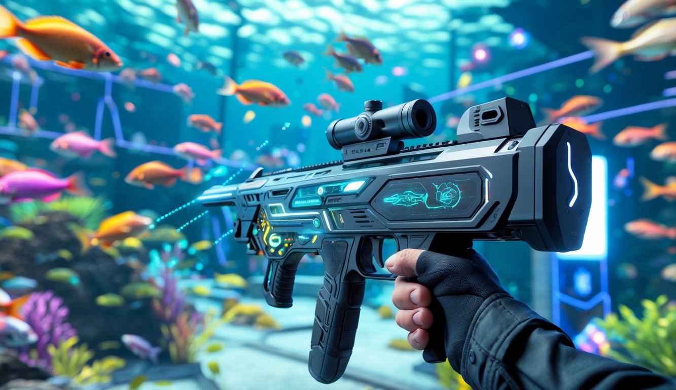 Suasana permainan tembak ikan online dengan efek visual modern dan berbagai senjata lengkap di latar bawah laut.