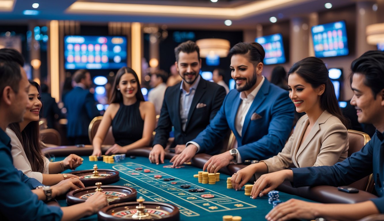 Sekelompok orang bermain permainan kasino langsung di meja dengan kartu dan roda roulette di kasino modern.