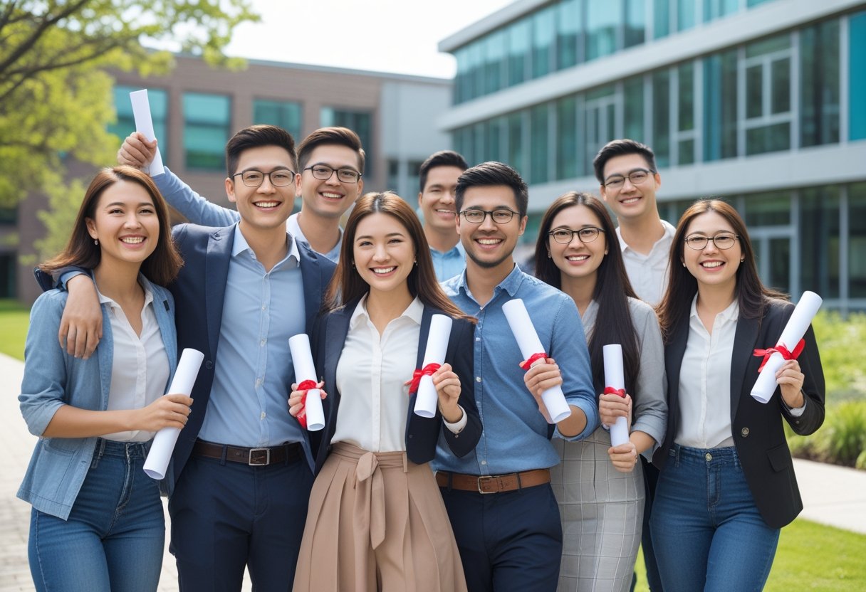A group of young adults holding diplomas and smiling outside a university building.