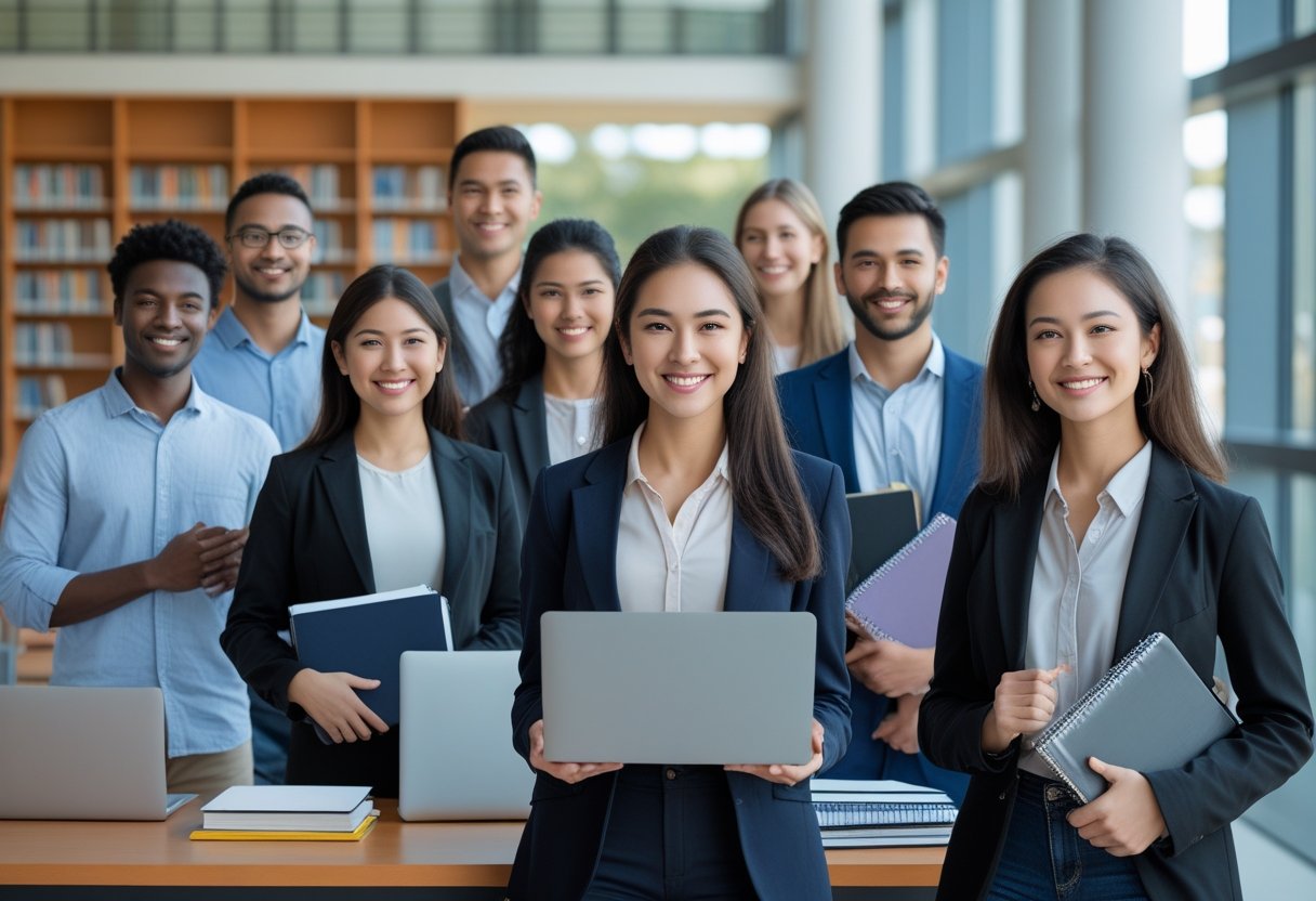 A diverse group of students studying together in a modern university environment with books and laptops.