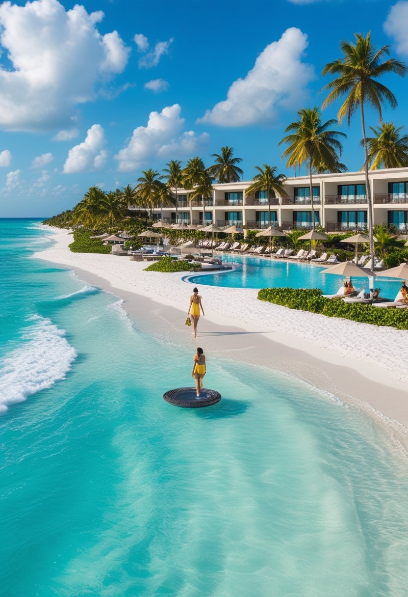 Vue d'un hôtel de luxe en bord de mer en République dominicaine avec une piscine, des palmiers et une plage de sable blanc.