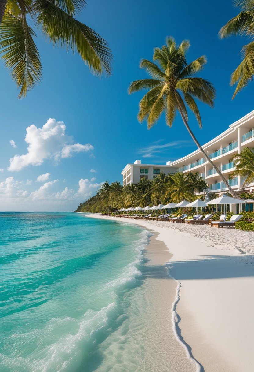 Vue d'un hôtel de luxe en bord de mer avec une plage de sable blanc, des palmiers et une eau turquoise claire sous un ciel bleu.