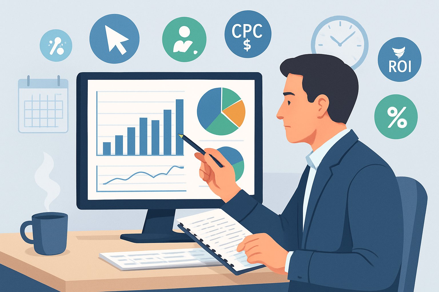 A business analyst reviewing charts and graphs on a computer screen to evaluate a PPC campaign in an office setting.