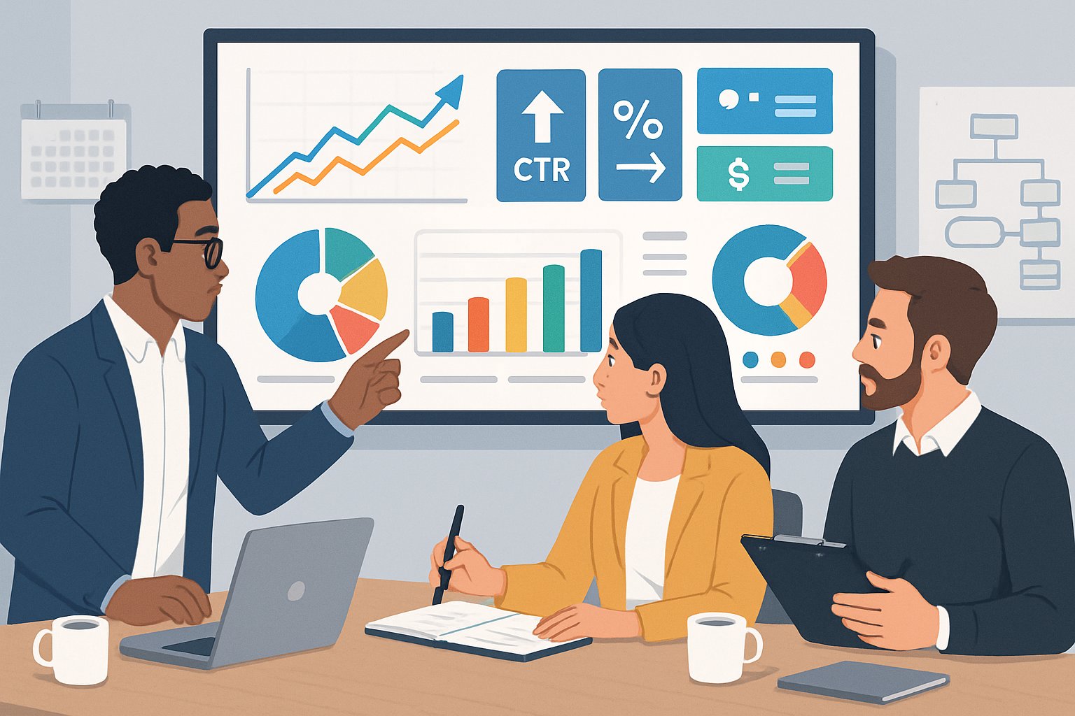 A group of professionals in an office reviewing charts and graphs on a large screen to evaluate PPC campaign performance.