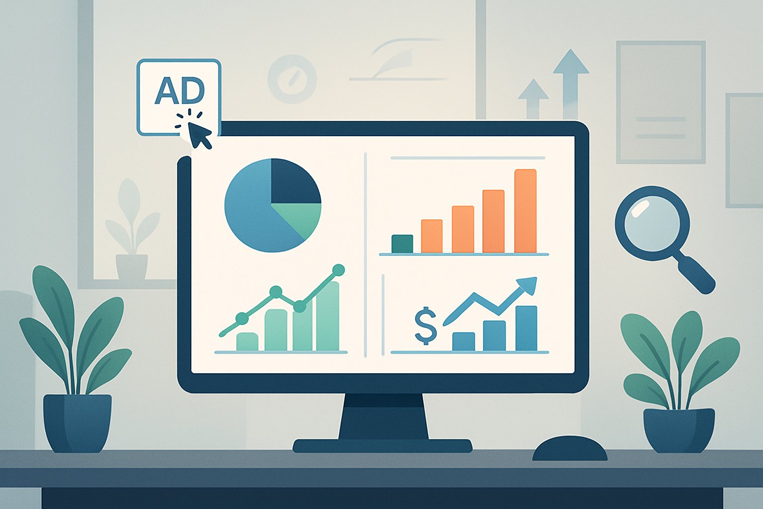 A digital marketing workspace showing a computer screen with colorful charts and graphs representing key PPC campaign metrics, surrounded by icons of ads and analysis tools.