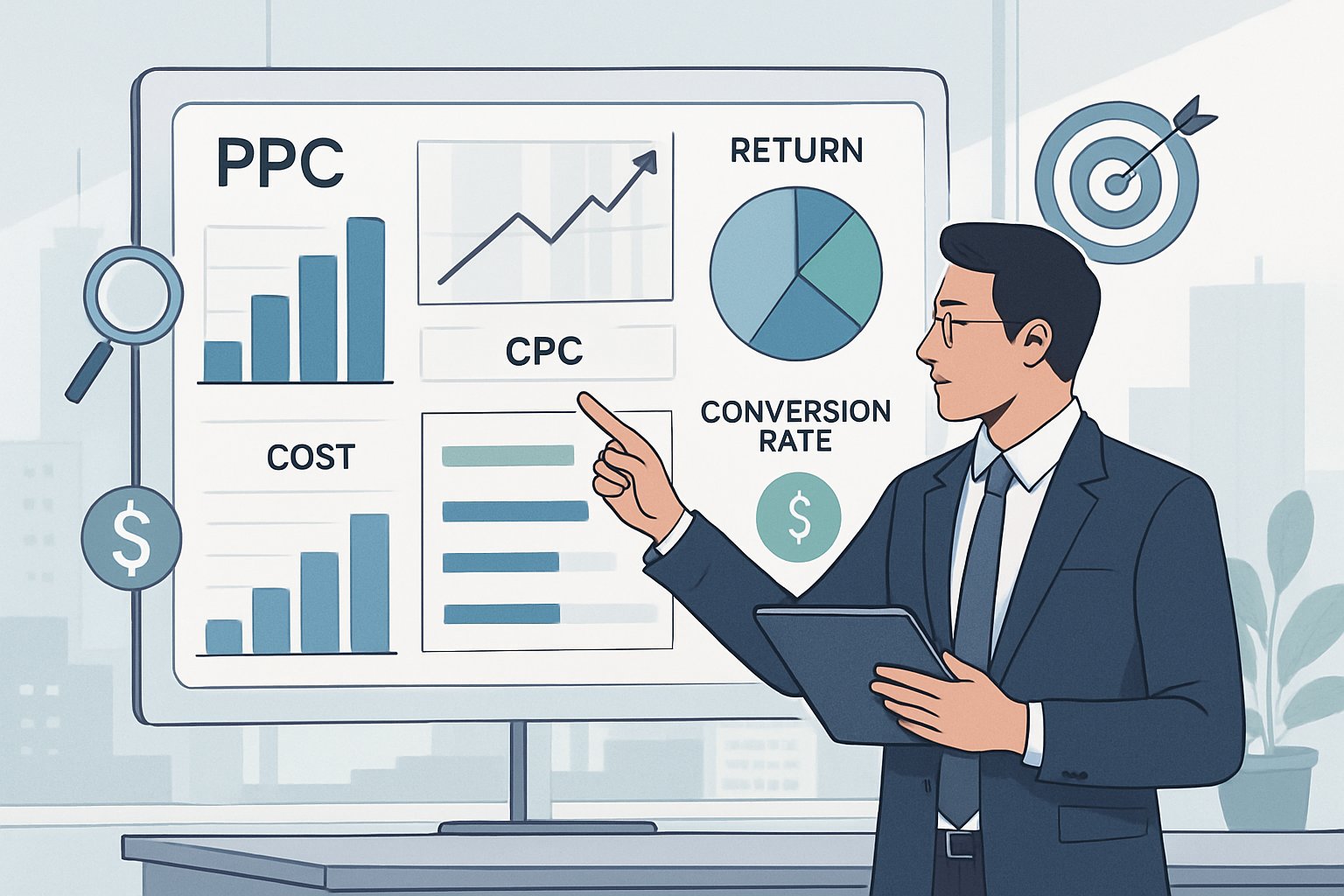 A business analyst reviewing charts and graphs on a digital dashboard showing return and cost metrics for a PPC campaign in an office setting.