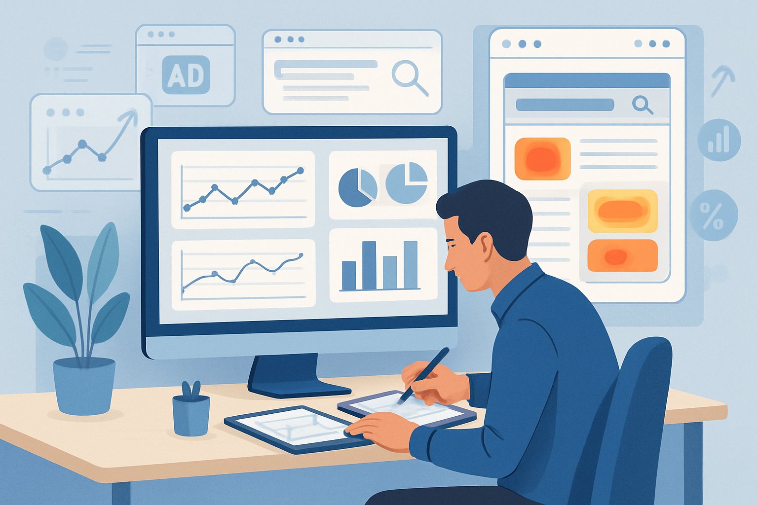 A marketing analyst reviewing computer screens with graphs and heatmaps showing ad and landing page performance data.