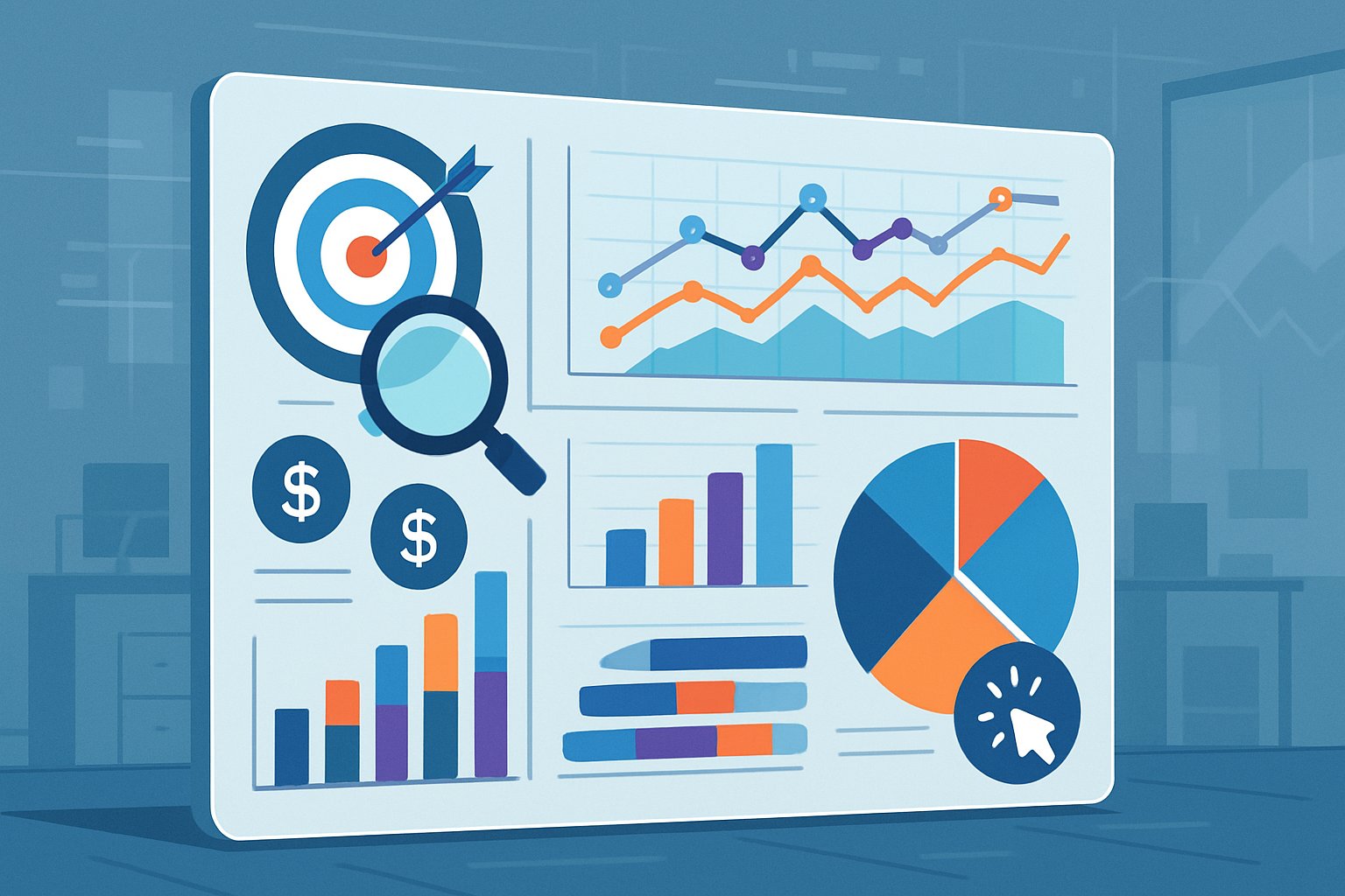 A digital dashboard showing various colorful charts and graphs representing data analysis and segmentation for evaluating a PPC campaign.