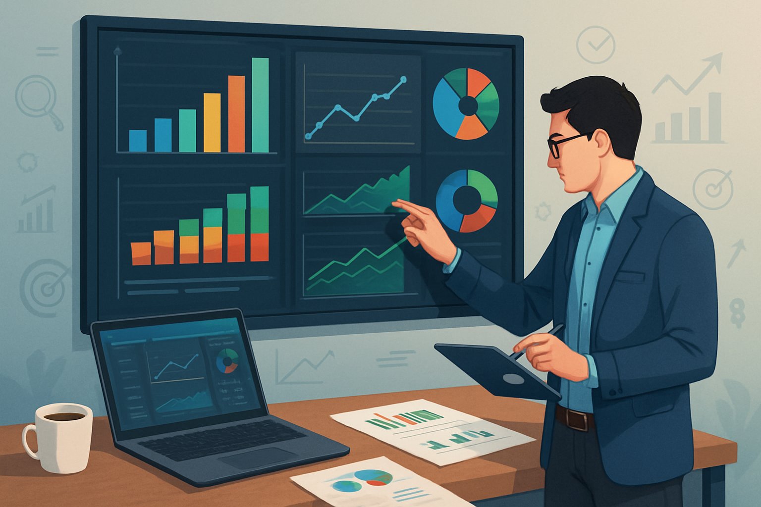 A business analyst reviewing digital charts and graphs on a touchscreen dashboard in an office, analyzing data to evaluate a PPC campaign.