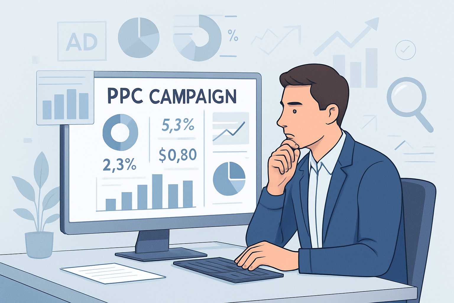 A business analyst reviewing charts and graphs on a computer screen to evaluate an online advertising campaign.