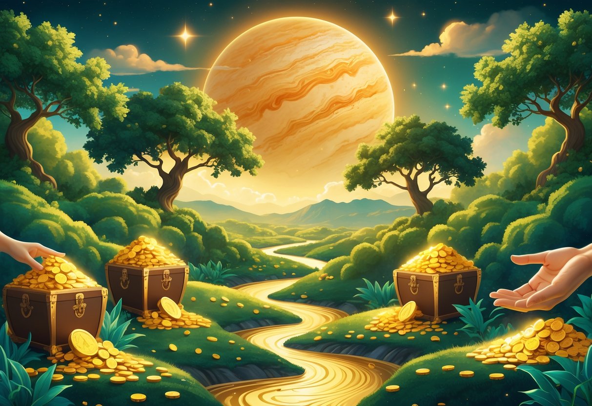 A glowing golden landscape with trees bearing coins and fruits, treasure chests overflowing with gold, and a large bright planet in the sky, symbolizing wealth and abundance.