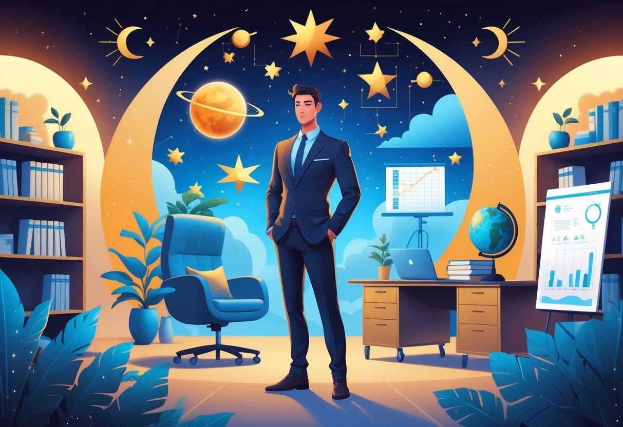 A confident person standing in a modern office surrounded by books, charts, and celestial symbols representing growth and leadership.