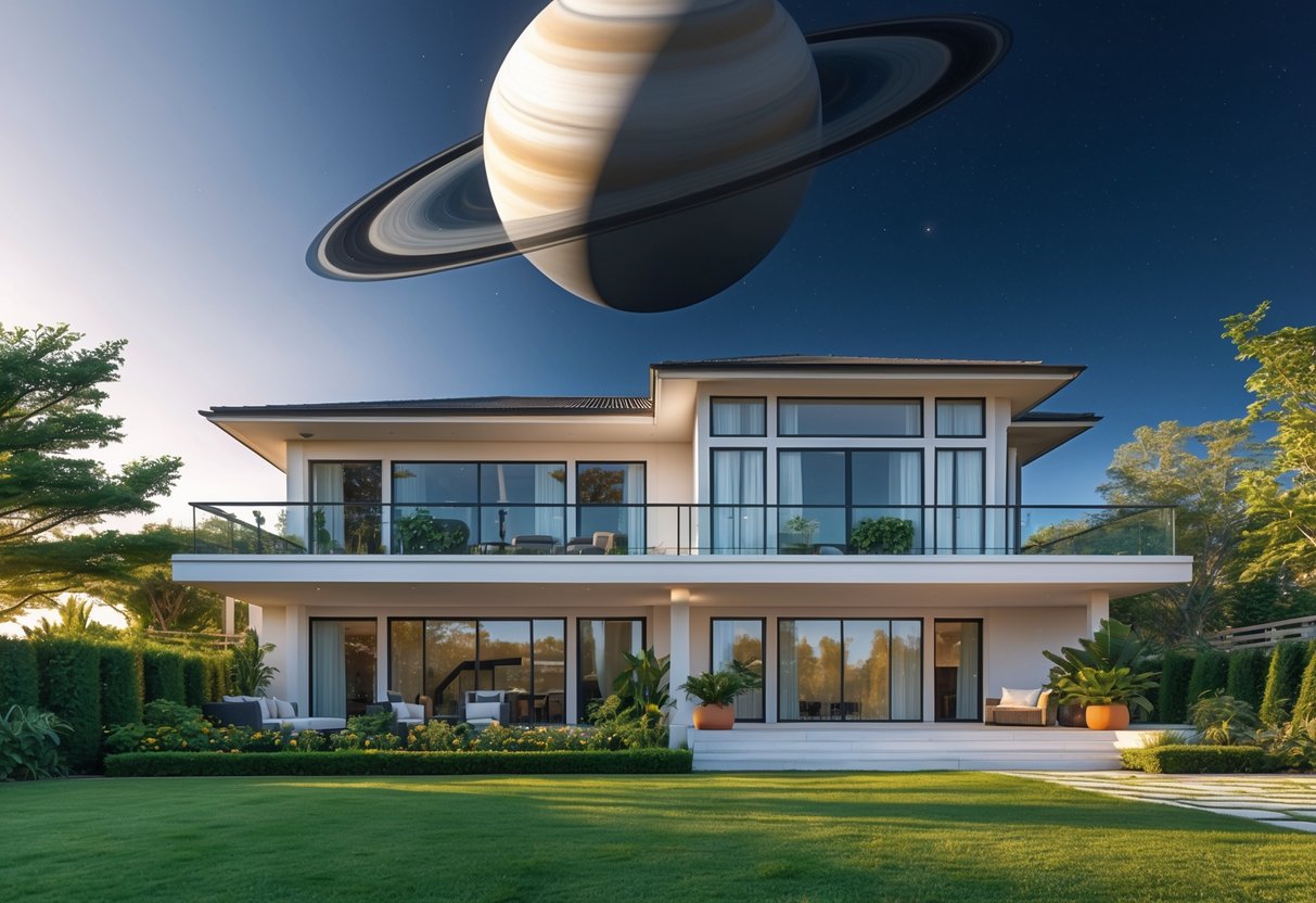 A two-story house with a balcony and a garden, with the planet Saturn visible in the sky above.
