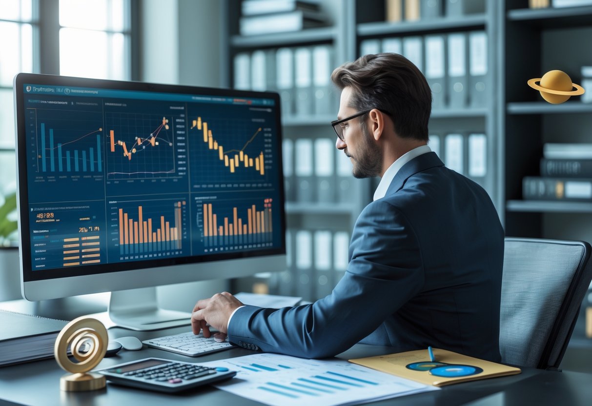 A businessperson reviewing financial charts on a computer screen in an office with a model of Saturn and financial documents around.