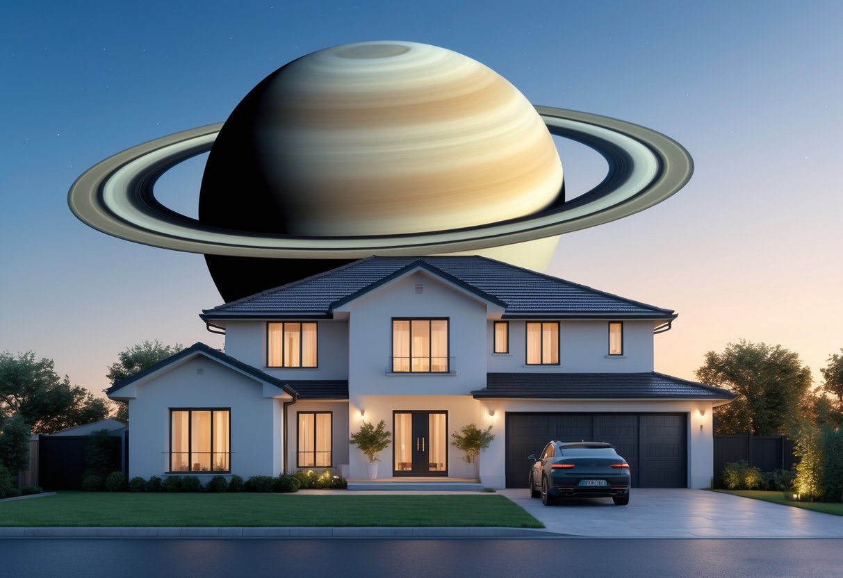 A modern two-story house with a garden and driveway under a clear sky featuring the planet Saturn with its rings.