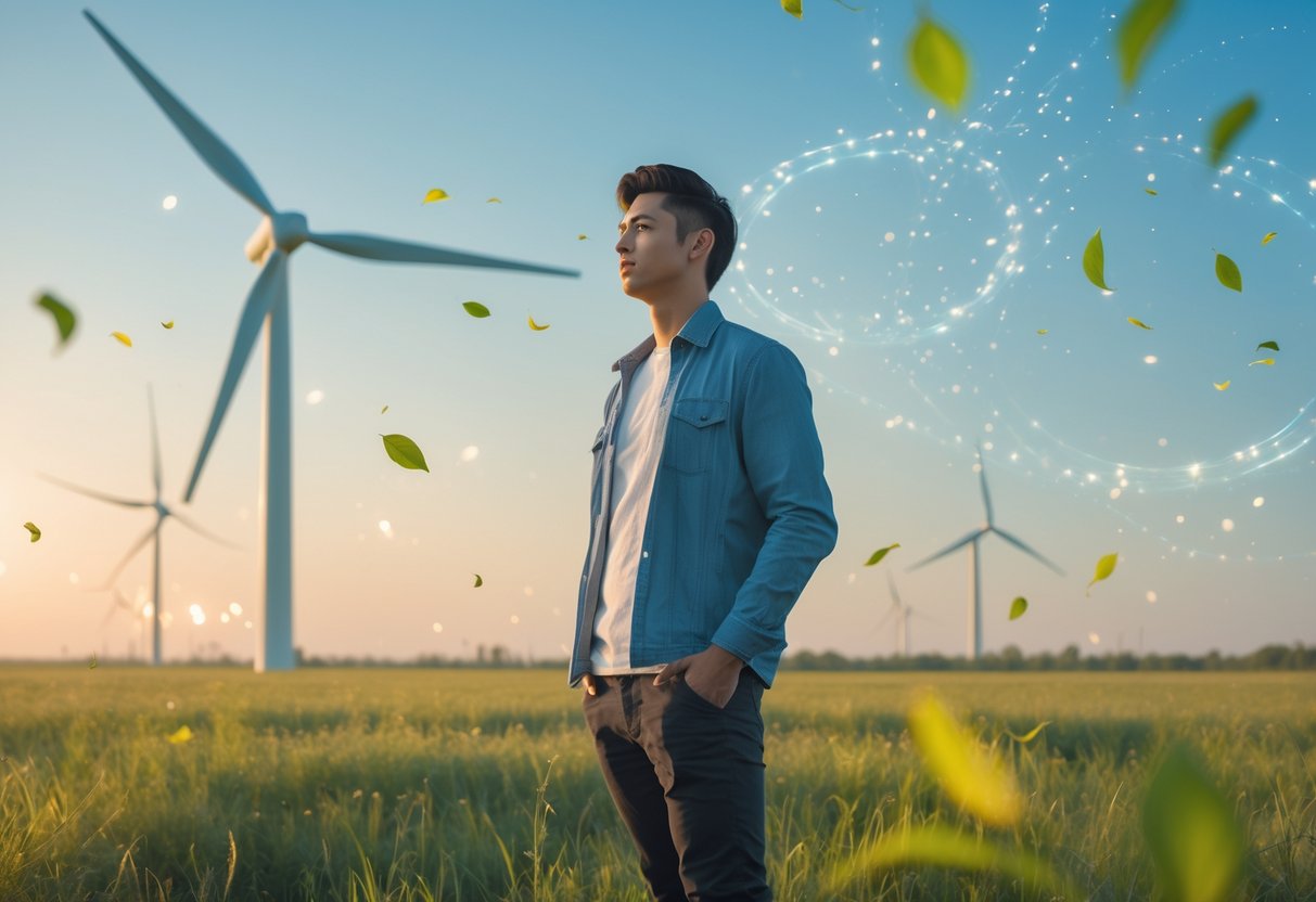 A young adult standing in a sunlit open field looking confidently into the distance with a wind turbine in the background under a clear blue sky.