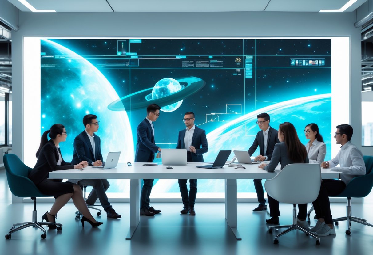 A group of young professionals collaborating around a modern table with holographic displays and digital interfaces in a bright, futuristic workspace.