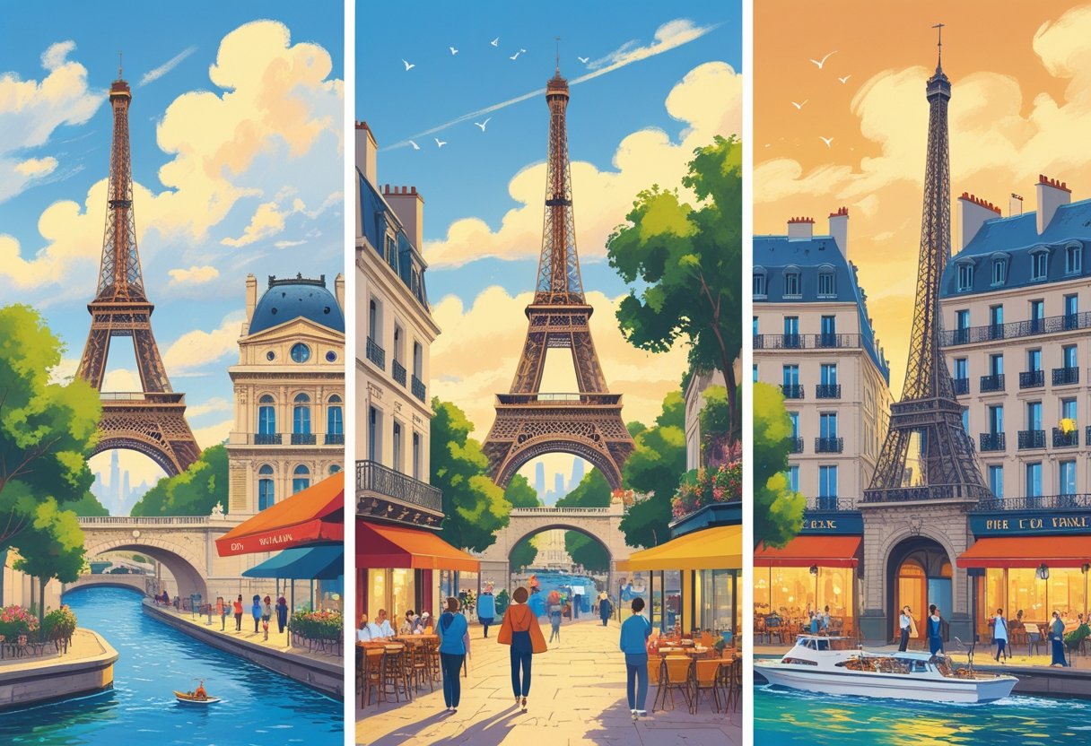 Cena dividida em três partes mostrando pontos turísticos de Paris, pessoas em cafés e passeando, e uma vista noturna com a Torre Eiffel iluminada e um passeio de barco pelo rio Sena.
