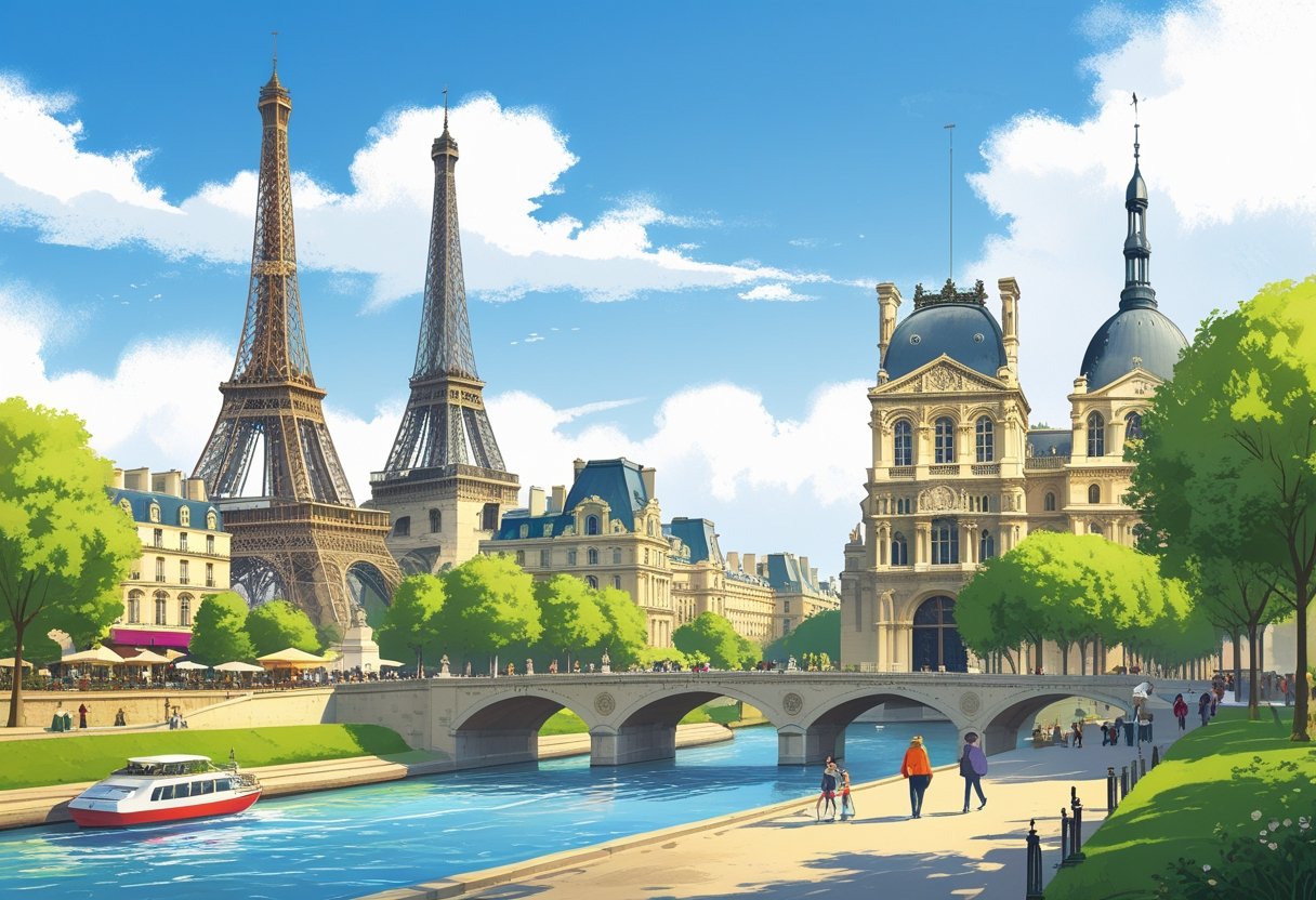 Vista panorâmica dos principais pontos turísticos de Paris, incluindo Torre Eiffel, Catedral de Notre-Dame, Museu do Louvre e Arco do Triunfo, com o rio Sena e ruas parisienses ao redor.