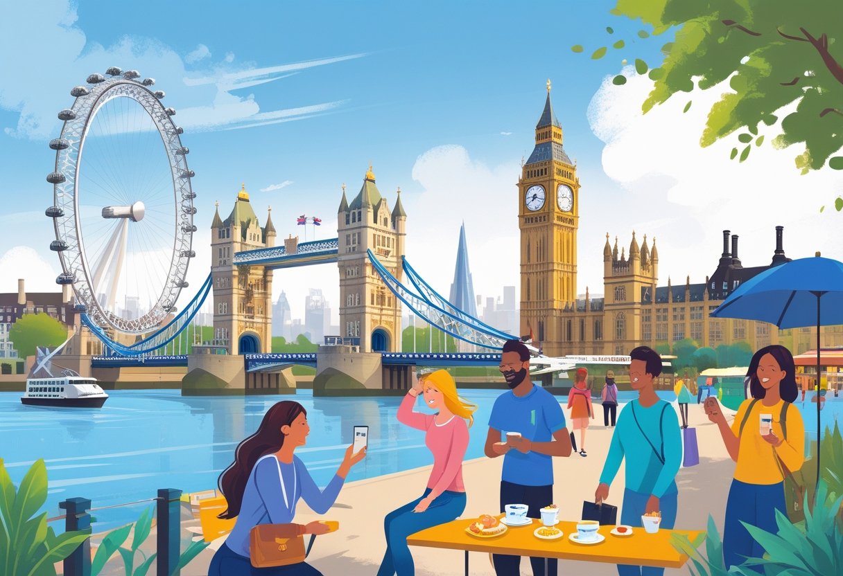 Turistas visitando pontos turísticos famosos de Londres, como a Tower Bridge, o London Eye e o Big Ben, em um roteiro de quatro dias.