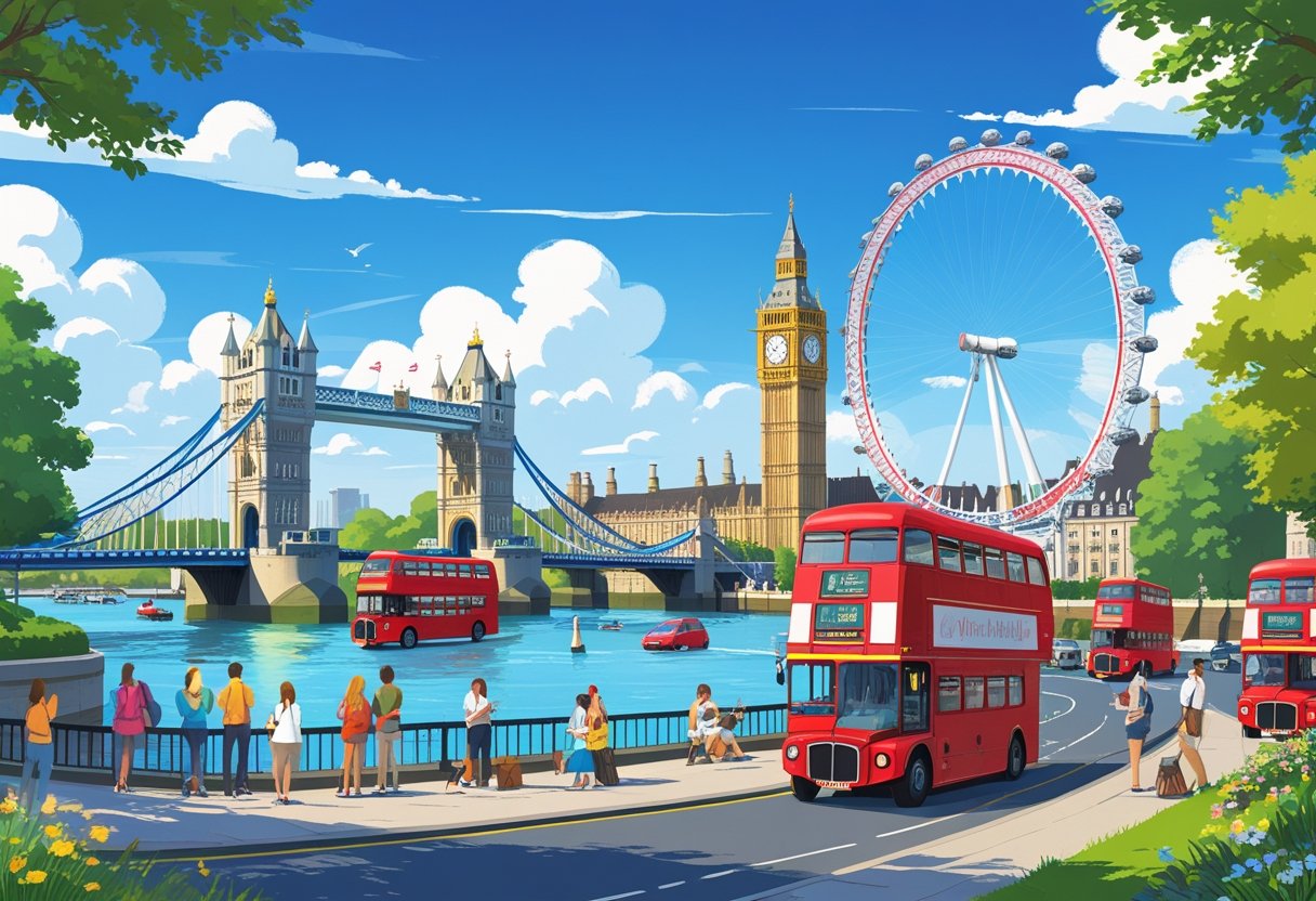 Cena vibrante de Londres com pontos turísticos famosos, pessoas explorando a cidade e ônibus vermelhos passando pelas ruas em um dia ensolarado.