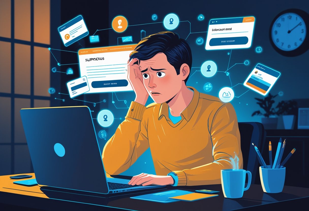 Pessoa preocupada sentada em uma mesa com um laptop, mostrando sinais de dados pessoais comprometidos e um ambiente que sugere alerta sobre segurança digital.