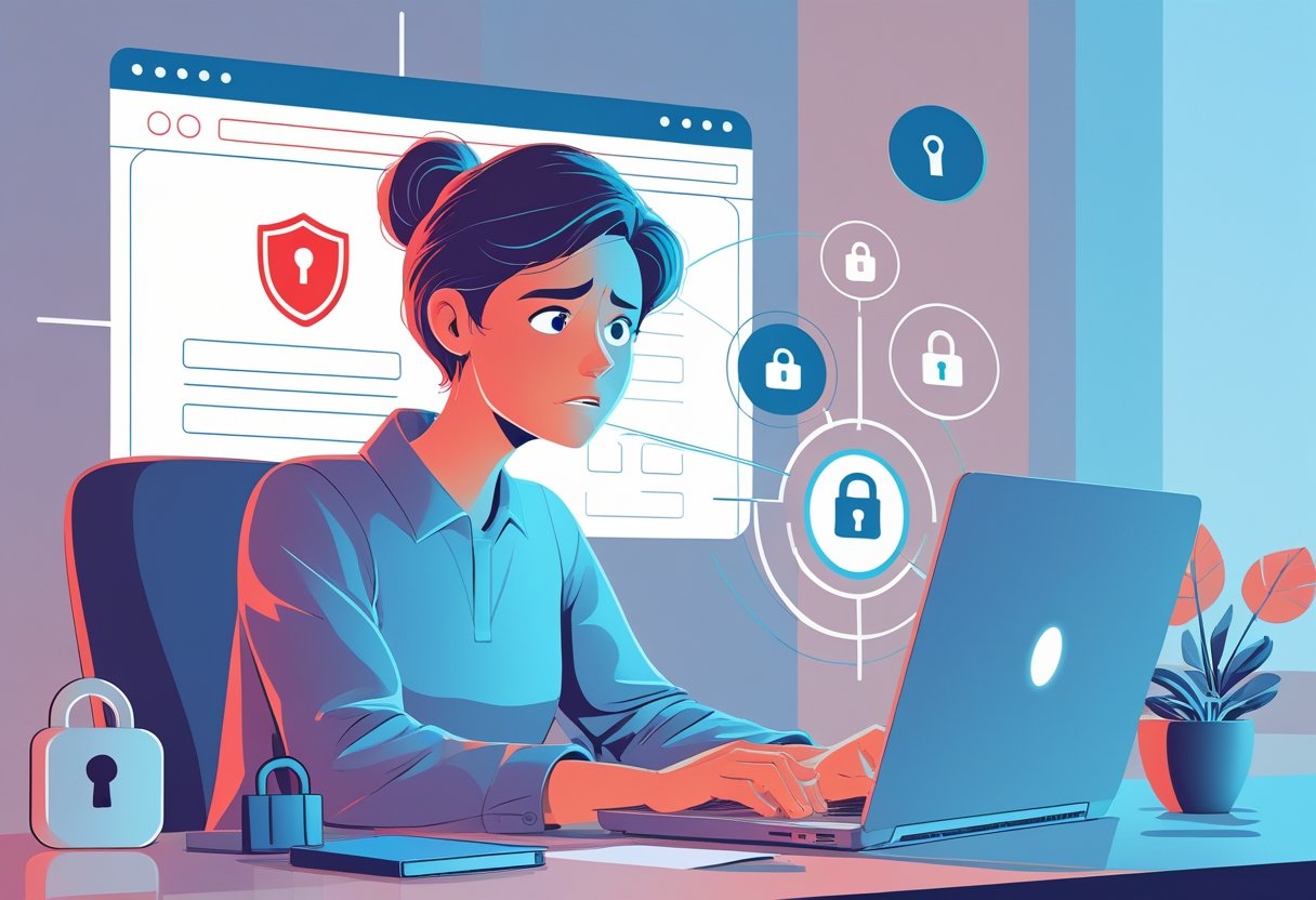 Pessoa preocupada sentada em uma mesa com um laptop, verificando suas contas online, com símbolos de segurança e alerta ao fundo.