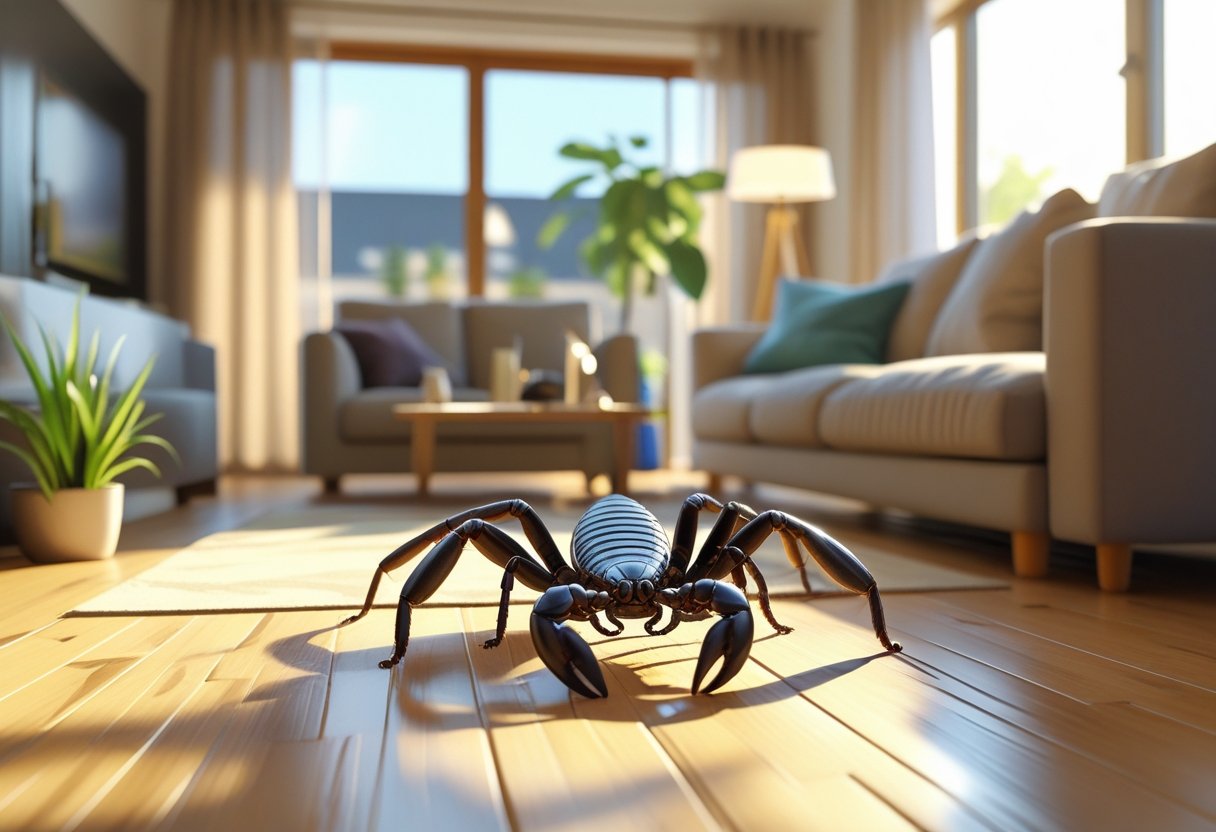 Escorpião em um chão de madeira dentro de uma sala de estar com sofá, planta e janela ao fundo.
