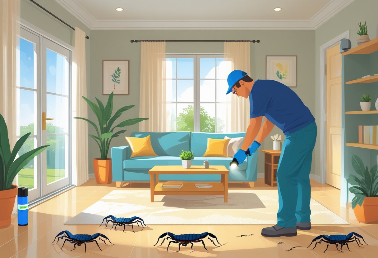 Interior de uma casa mostrando uma pessoa inspecionando cantos e frestas para prevenir escorpiões, com janelas e portas vedadas e produtos de prevenção ao lado.