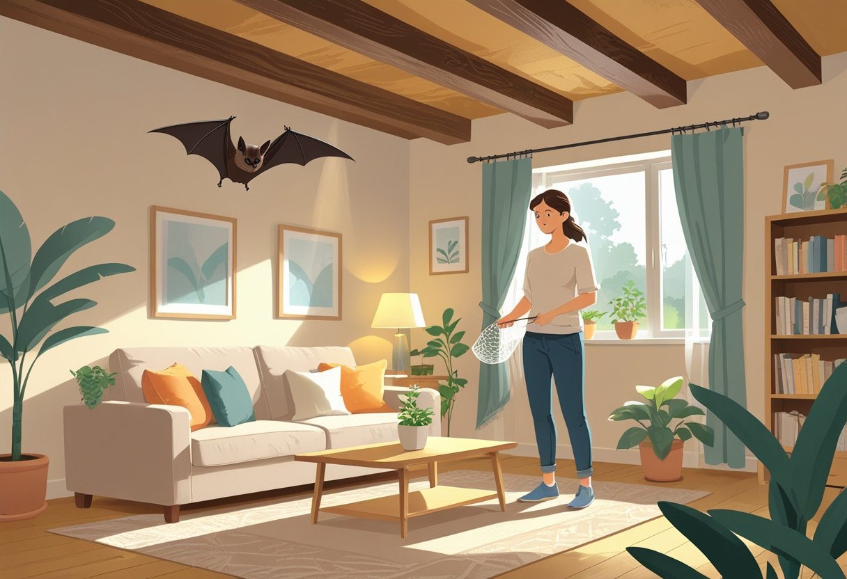 Um morcego pousado em uma viga dentro de uma sala de estar, com uma pessoa próxima segurando um recipiente para capturá-lo com cuidado.