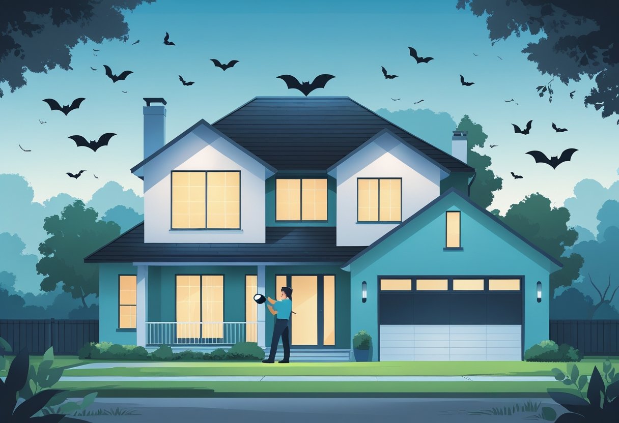 Casa moderna com janelas e portas vedadas, morador inspecionando o sótão com lanterna, dispositivos para evitar entrada de morcegos instalados, morcegos voando ao redor da casa ao anoitecer.