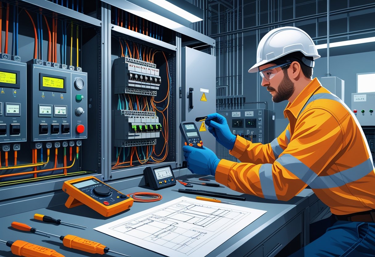 Um técnico em eletrotécnica usando equipamentos de segurança trabalha em um painel elétrico com fios e instrumentos de medição em um ambiente industrial.