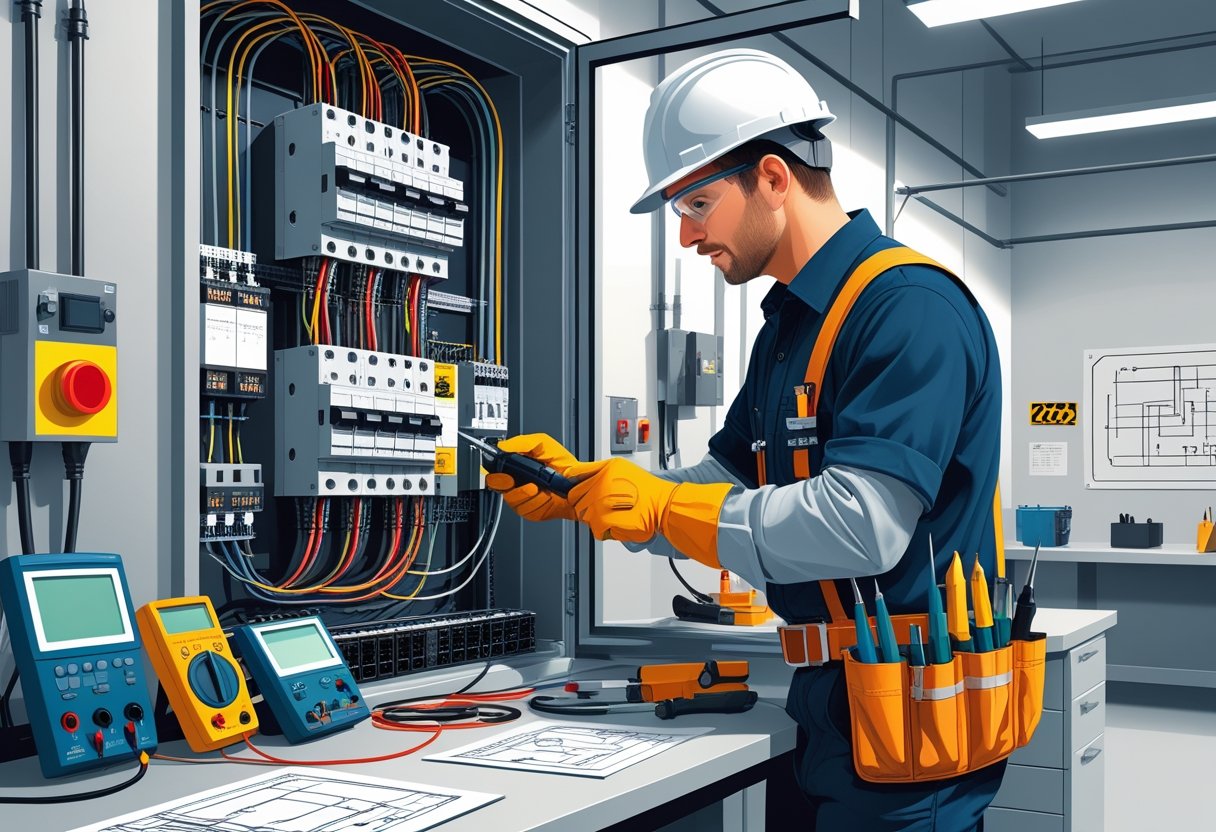 Técnico em eletrotécnica trabalhando em um painel elétrico aberto, usando equipamentos de segurança em um ambiente industrial organizado.