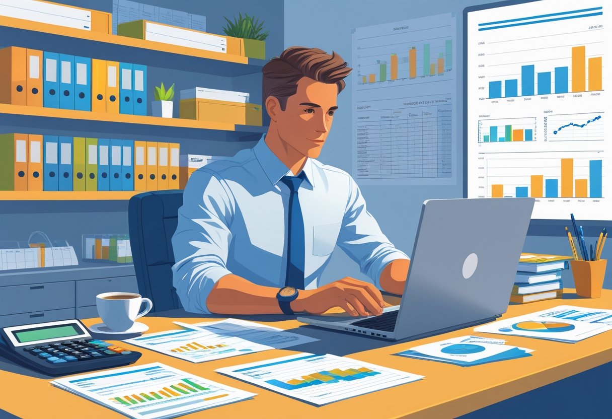 Um técnico em contabilidade trabalhando em um escritório moderno, analisando documentos financeiros e usando um laptop com gráficos.