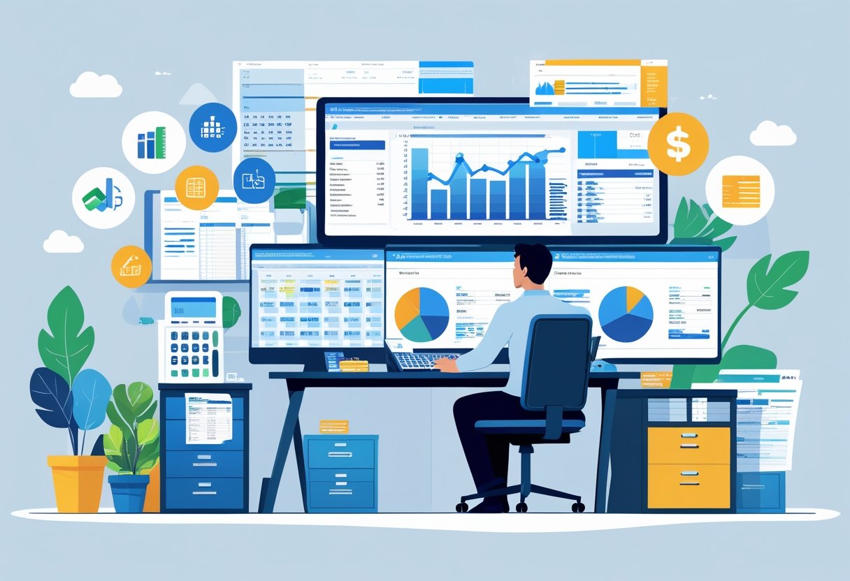 Um técnico em contabilidade trabalhando em uma mesa com computadores mostrando gráficos e planilhas, cercado por ícones que representam habilidades contábeis e documentos financeiros.