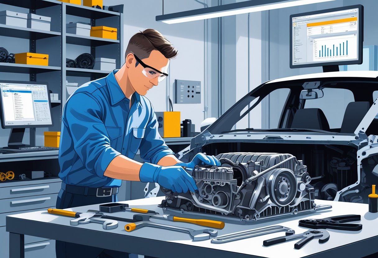 Um técnico em mecânica trabalhando em um motor em uma oficina organizada, com ferramentas e peças ao redor.