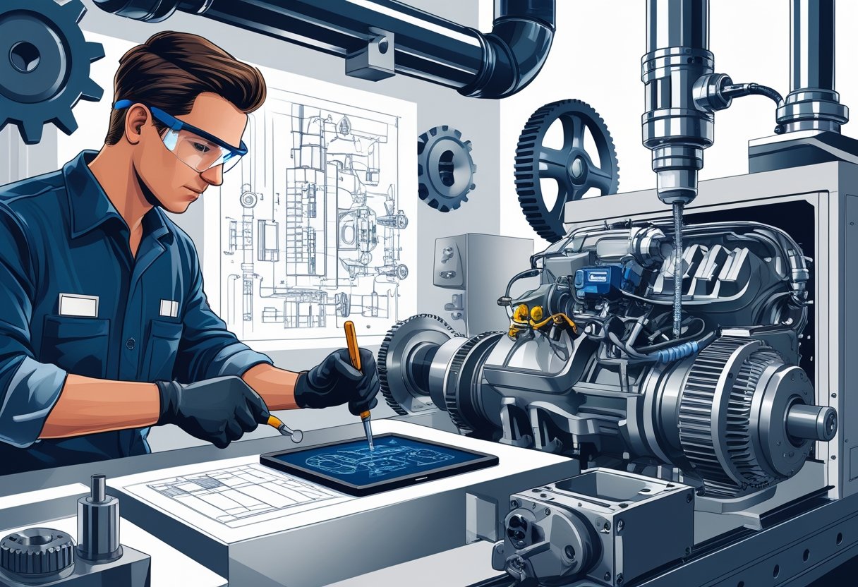 Técnico em mecânica realizando tarefas diversas como conserto de motor, análise de esquemas e operação de máquina industrial, cercado por componentes mecânicos.