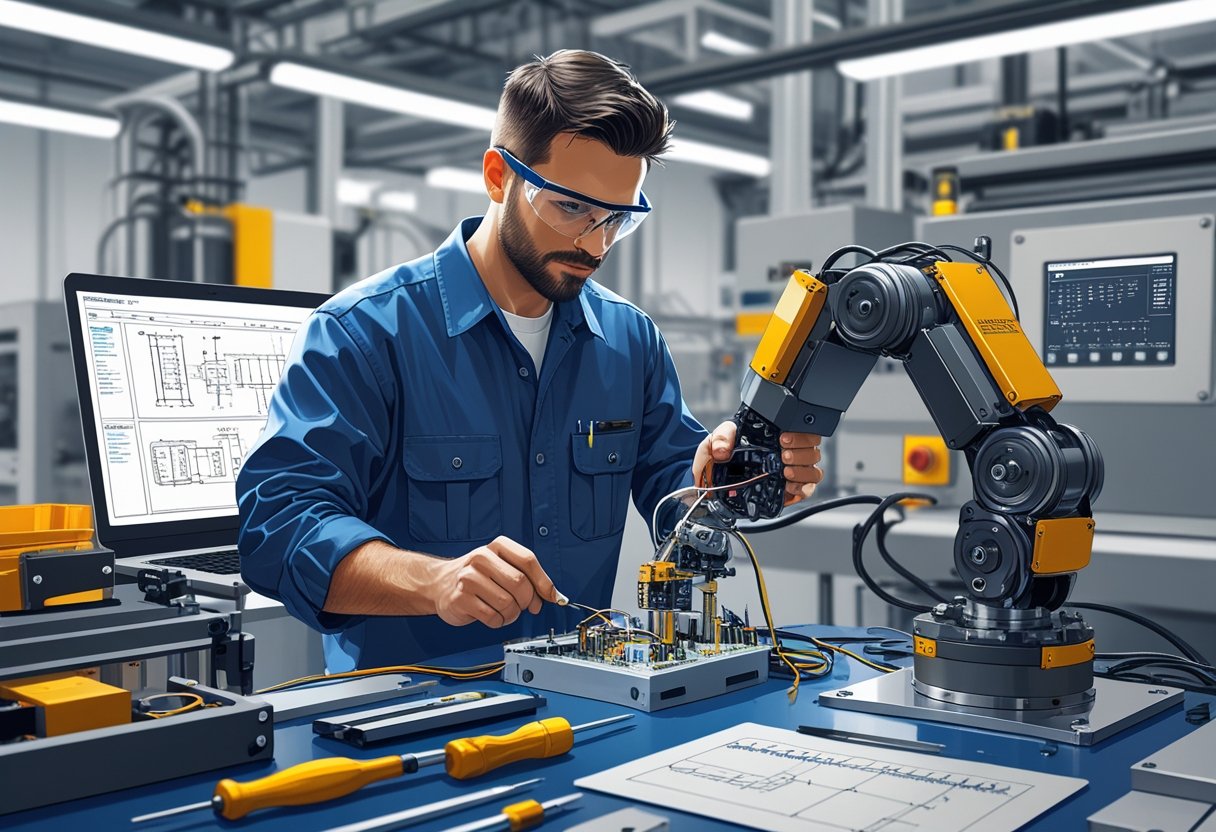 Um técnico em mecatrônica trabalhando em um braço robótico em um ambiente industrial moderno, cercado por ferramentas e equipamentos eletrônicos.